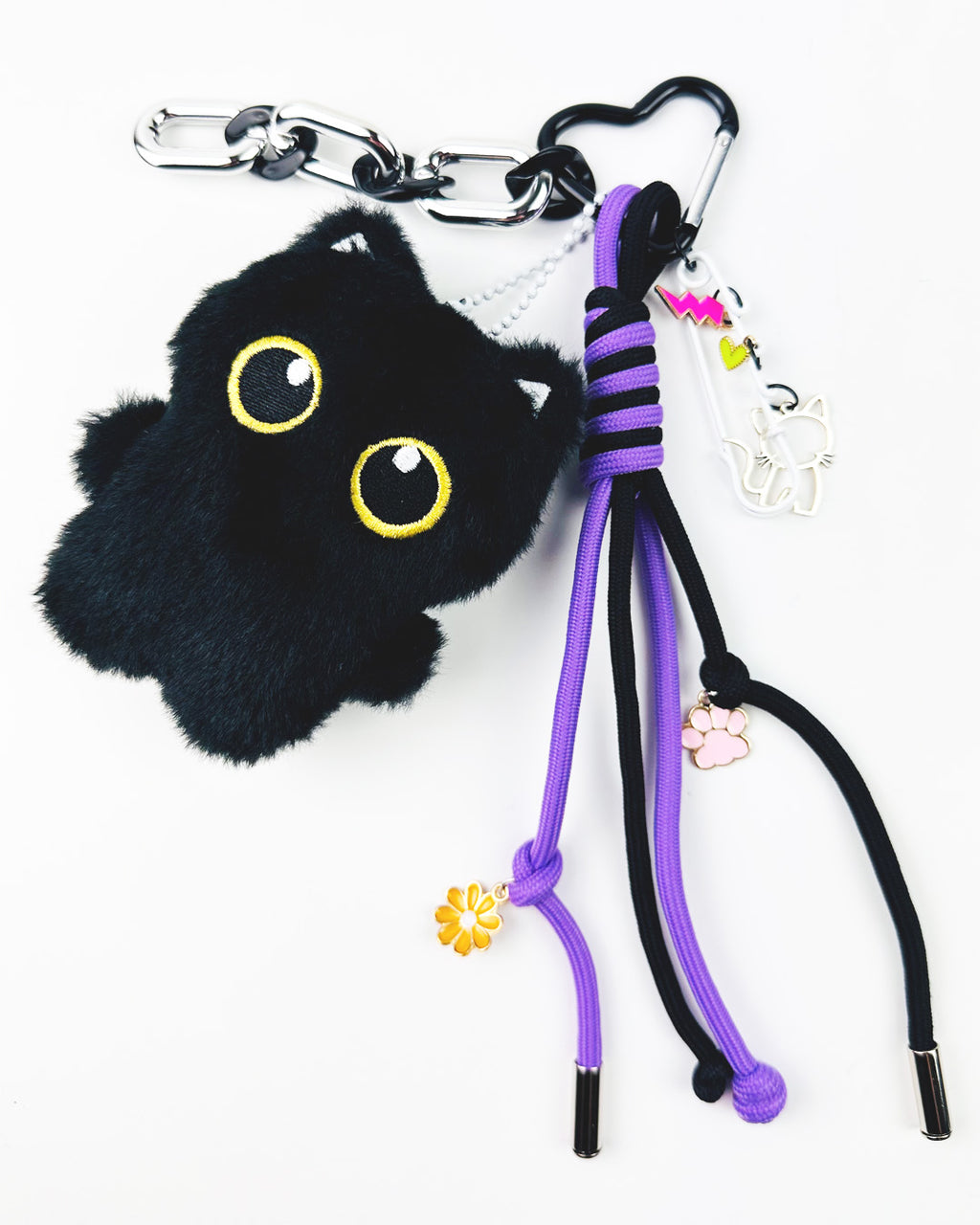 Handmade Black Cat Bag Charm - Plush Keychain with Enamel Charms