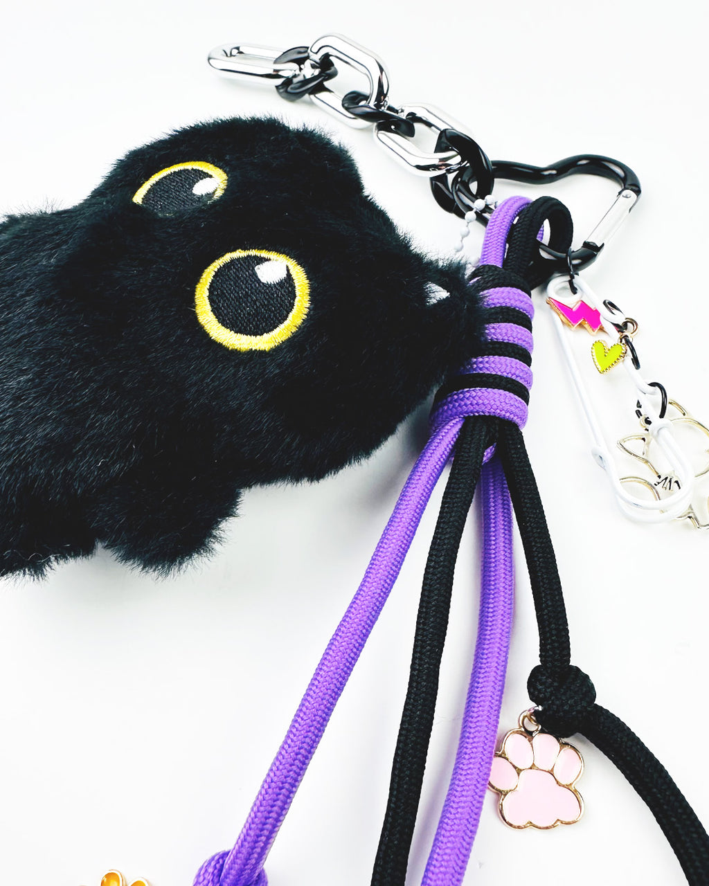 Handmade Black Cat Bag Charm - Plush Keychain with Enamel Charms