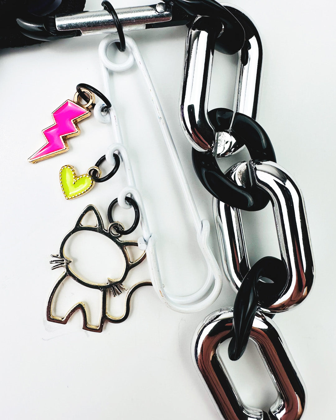 Handmade Black Cat Bag Charm - Plush Keychain with Enamel Charms